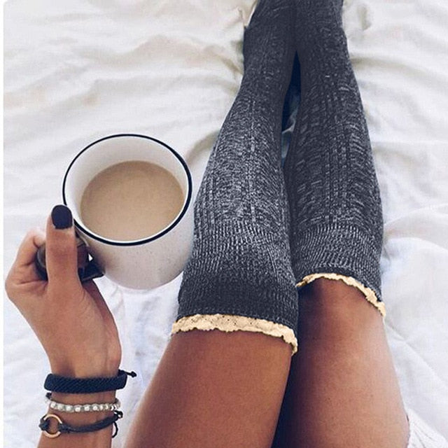 Women's Cozy Thigh-High Cotton Knit Socks in Dark Gray