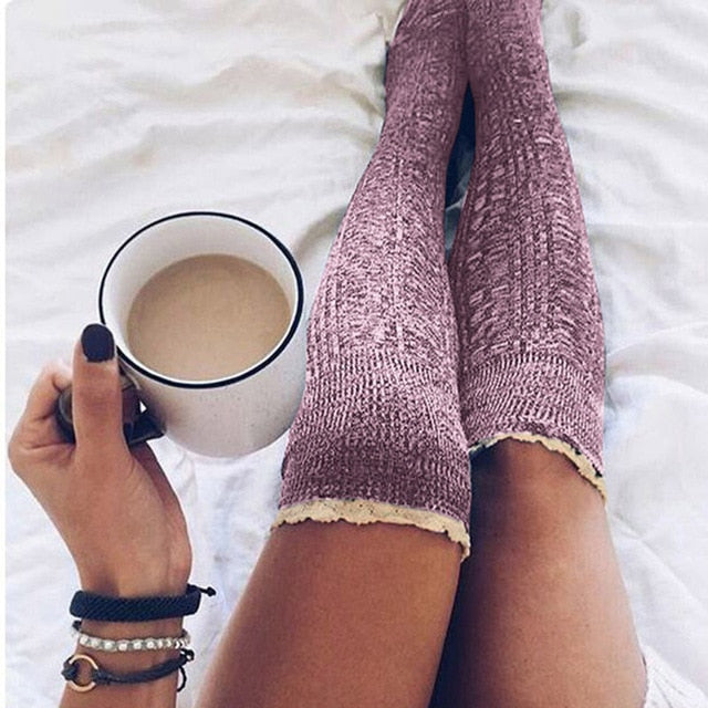 Women's Cozy Thigh-High Cotton Knit Socks in Dusty Rose