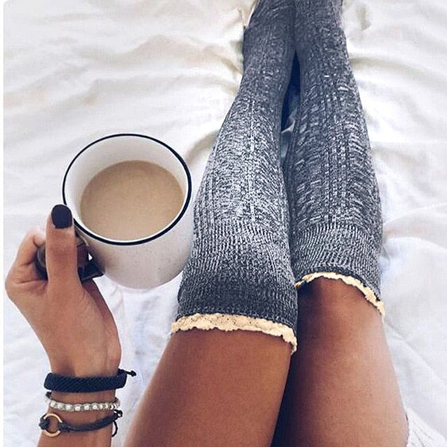 Women's Cozy Thigh-High Cotton Knit Socks in Light Gray