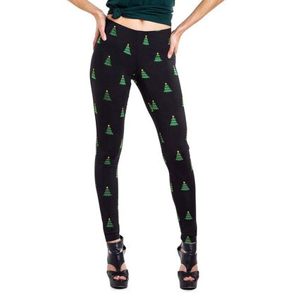Women's Holiday Print Leggings - Black and Green Christmas Tree