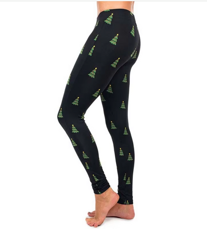 Women's Holiday Print Leggings - Black and Green Christmas Tree