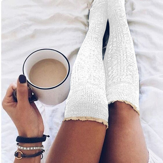 Women's Cozy Thigh-High Cotton Knit Socks in Classic White